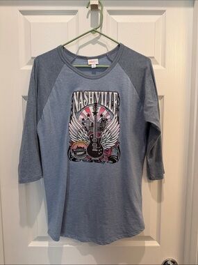 LuLaRoe Blue Nashville Raglan Randy Graphic Tee Large